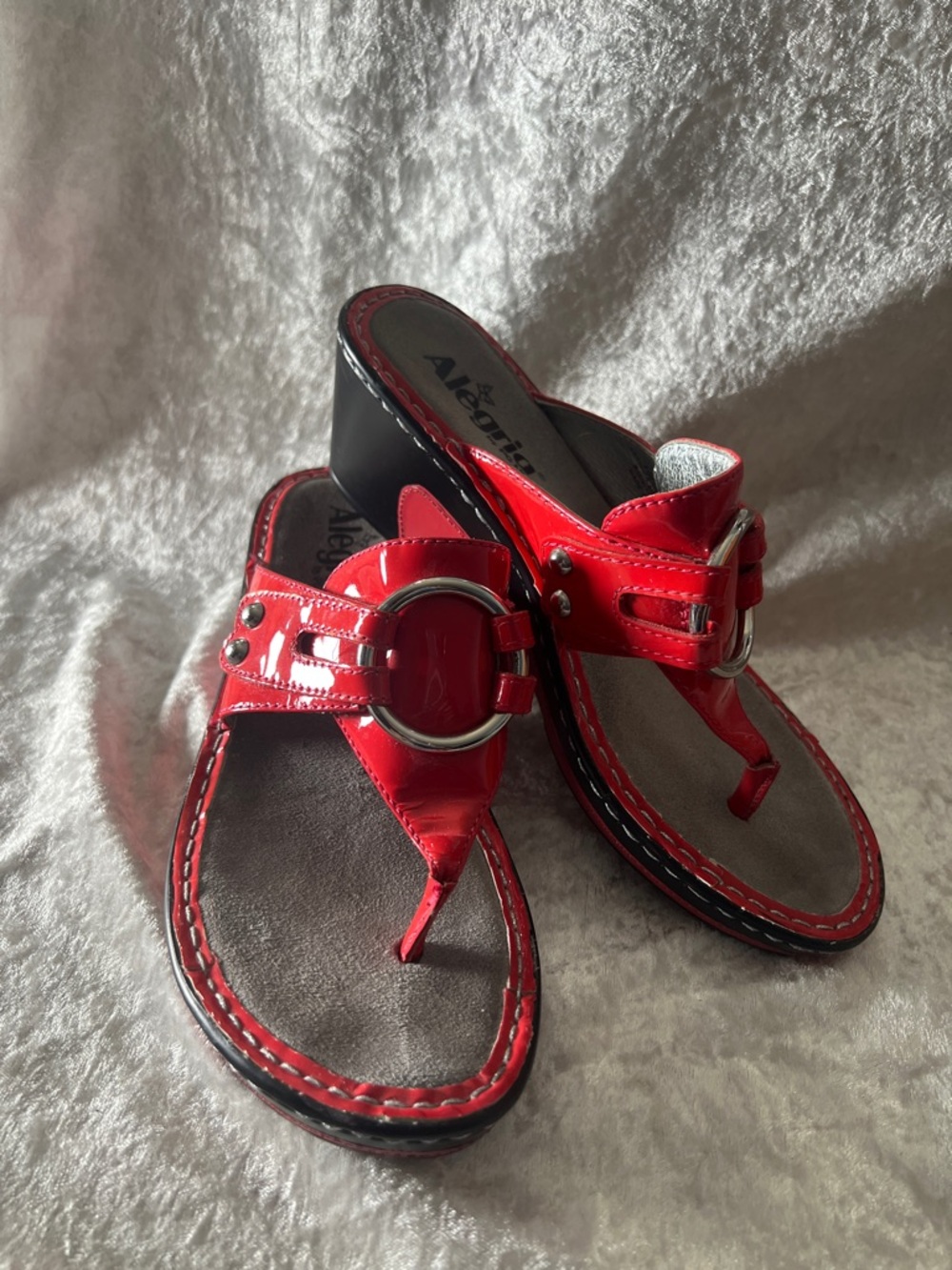 Alegria Red Patent Wedge Thong Sandals with Silver Buckle